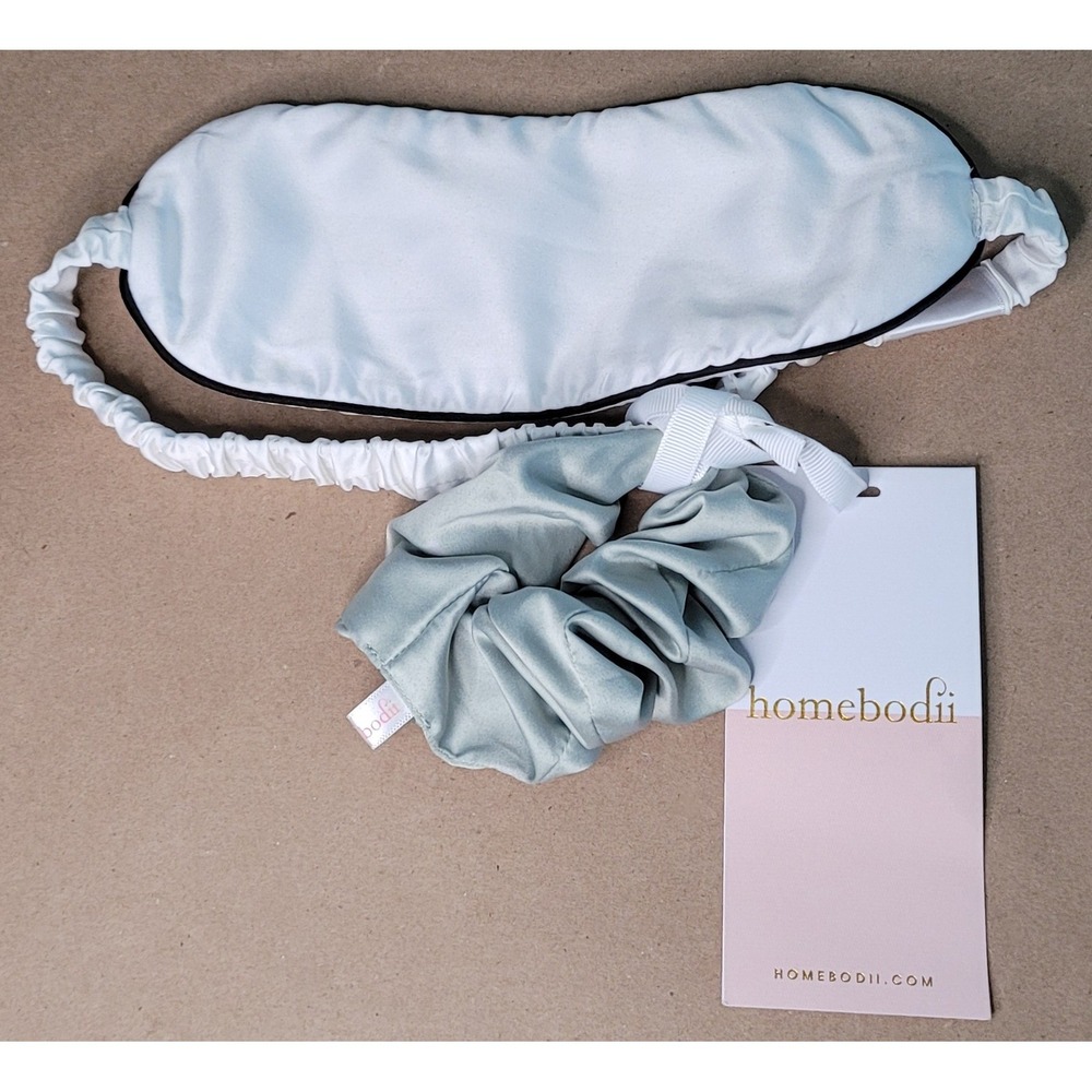 Homebodii Women's Scrunchie and Eye Cover Set White‎ Blue Tencel Sleepwear